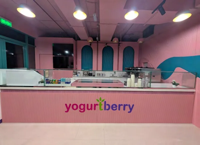 Yogurtberry interior with pink arched niches and the counter
