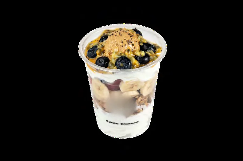 Froyo parfait with banana, blueberries, passion fruit and granola