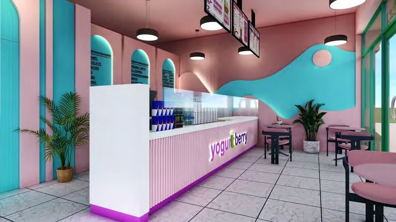 Render of a Yogurtberry counter concept with menu screens and topping bar