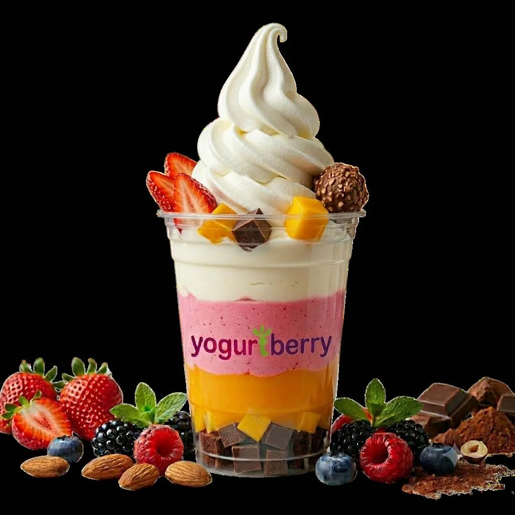 Strawberry and mango layered parfait topped with vanilla signature swirl and chocolate pieces