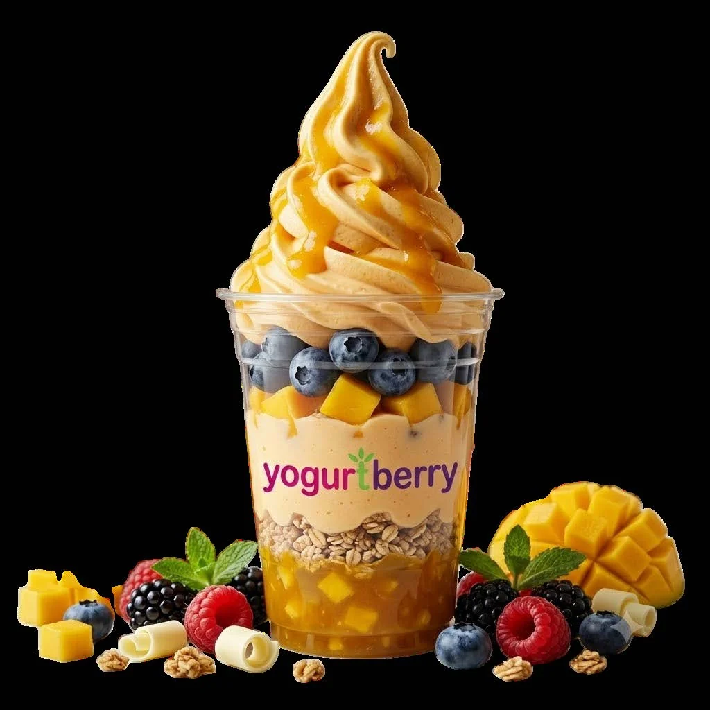 Mango signature parfait: mango froyo swirl over blueberries, mango cubes and granola