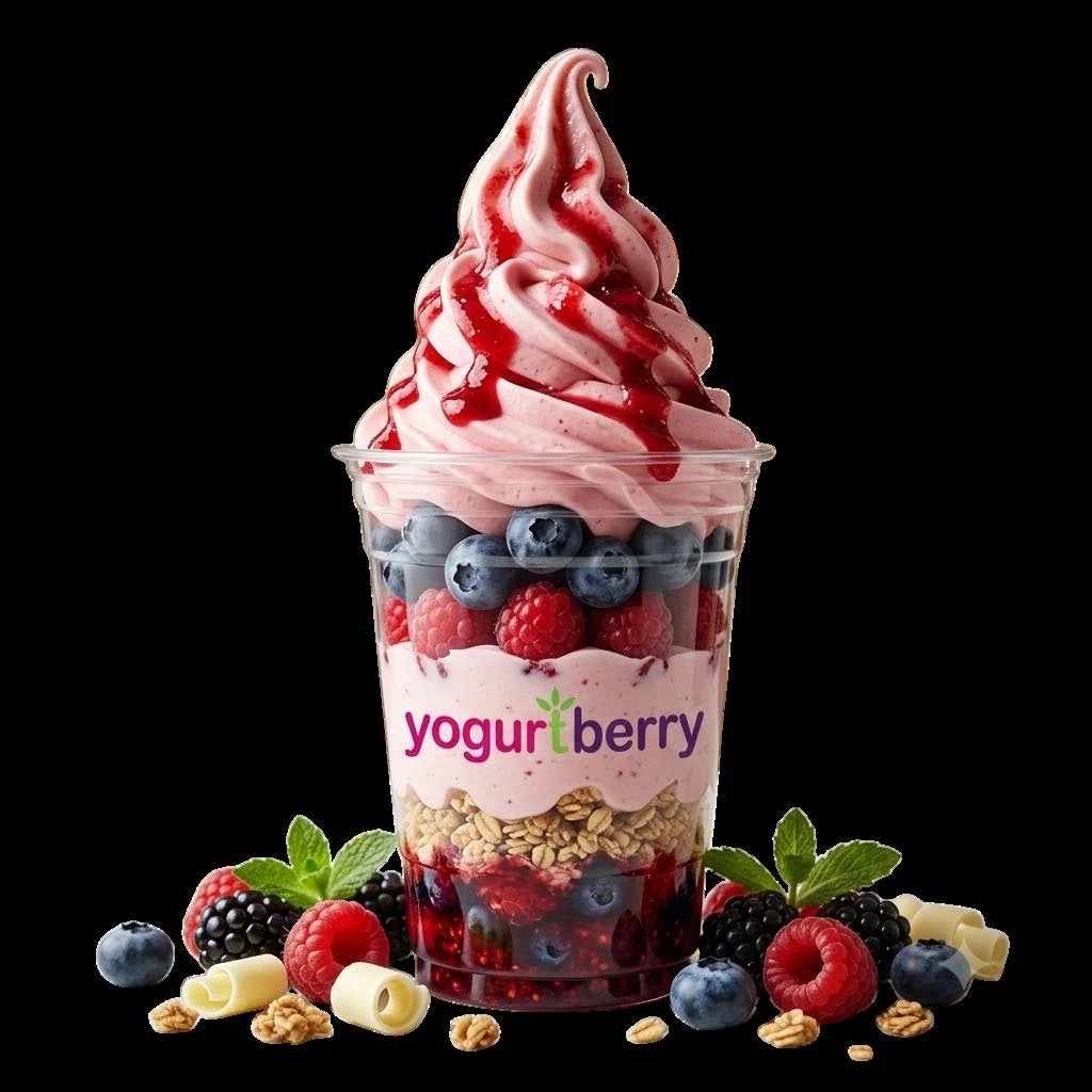 Strawberry signature parfait: berry froyo with raspberries, blueberries, berry compote and granola