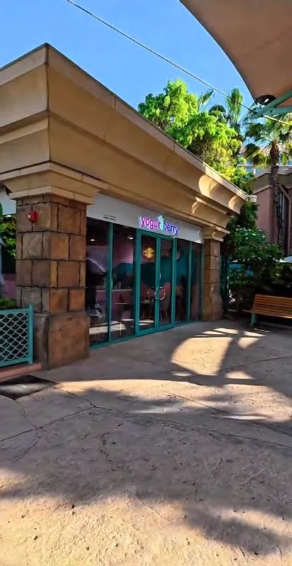 Yogurtberry storefront at Atlantis with green-framed glass doors